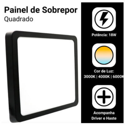 Plafon 18w Quadrado Neutra Moldura Preta